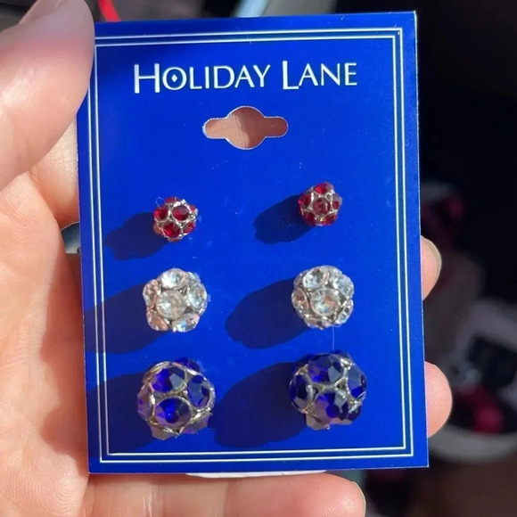 Holiday Lane Silver-tone 3-pc. Set Red,White&Blue Pave-fireball Stud Earring,NEW - Picture 1 of 9